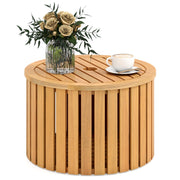 2-in-1 Outdoor Side Table with Storage Acacia Wood Slatted Coffee Table Round Slatted End Storage Box-Patio Coffee Tables-DECOROLALA