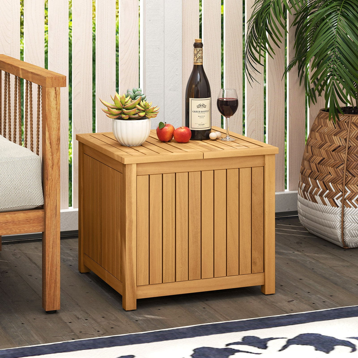 2-in-1 Outdoor Side Table with Storage Acacia Wood Slatted Coffee Table Square Slatted End Storage Box-Patio Coffee Tables-DECOROLALA