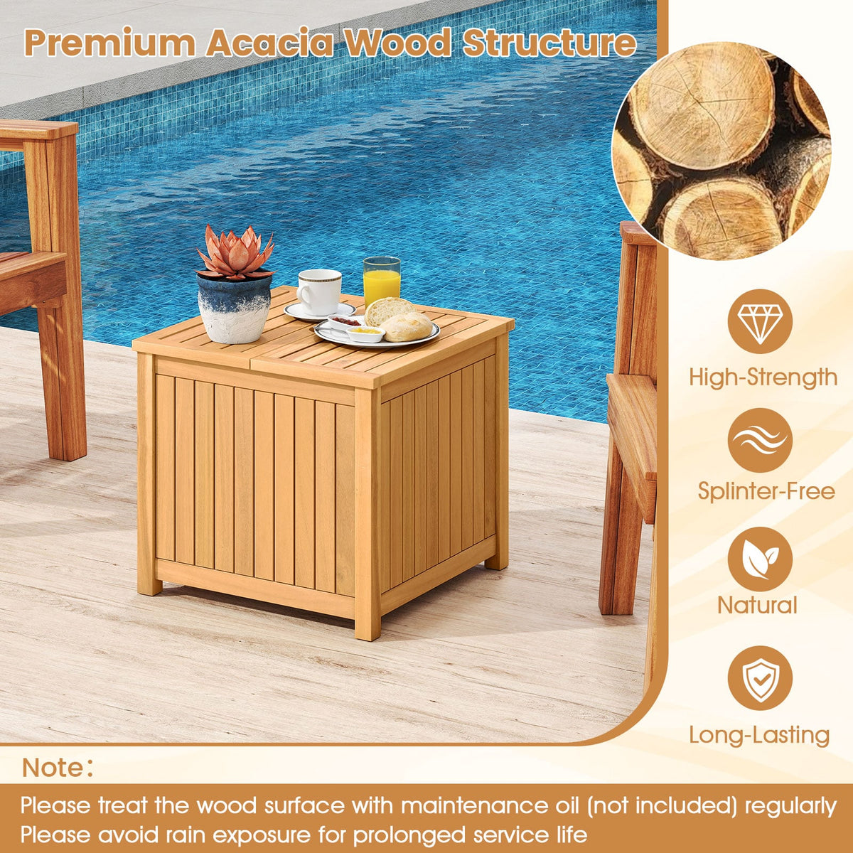 2-in-1 Outdoor Side Table with Storage Acacia Wood Slatted Coffee Table Square Slatted End Storage Box-Patio Coffee Tables-DECOROLALA