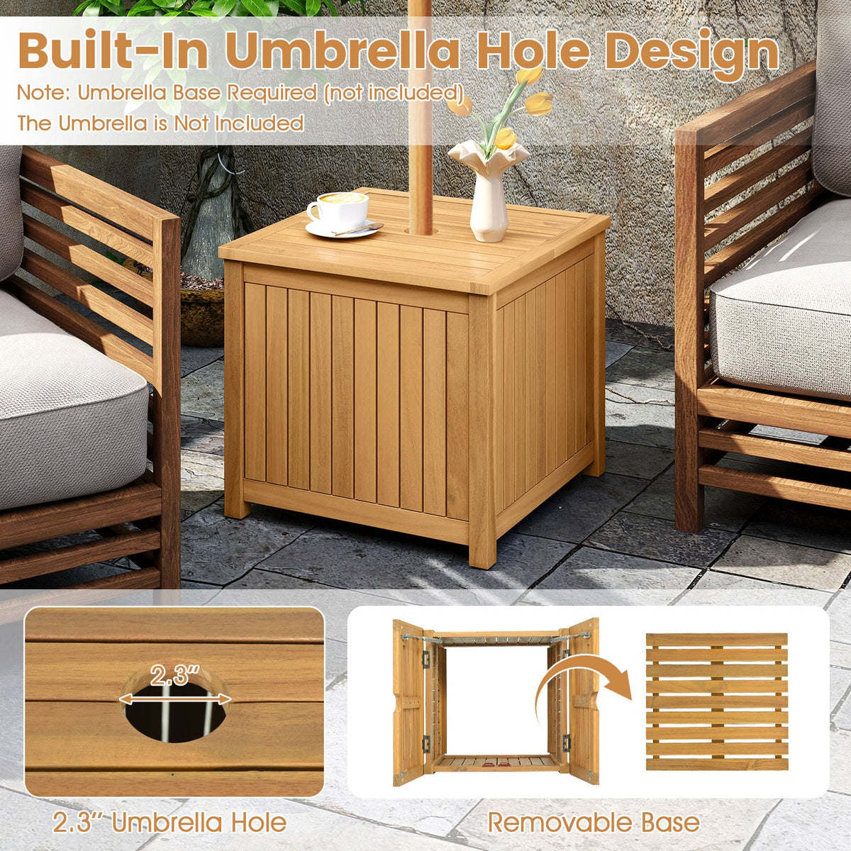 2-in-1 Outdoor Side Table with Storage Acacia Wood Slatted Coffee Table Square Slatted End Storage Box-Patio Coffee Tables-DECOROLALA
