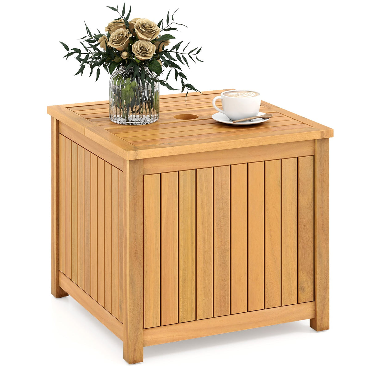 2-in-1 Outdoor Side Table with Storage Acacia Wood Slatted Coffee Table Square Slatted End Storage Box-Patio Coffee Tables-DECOROLALA