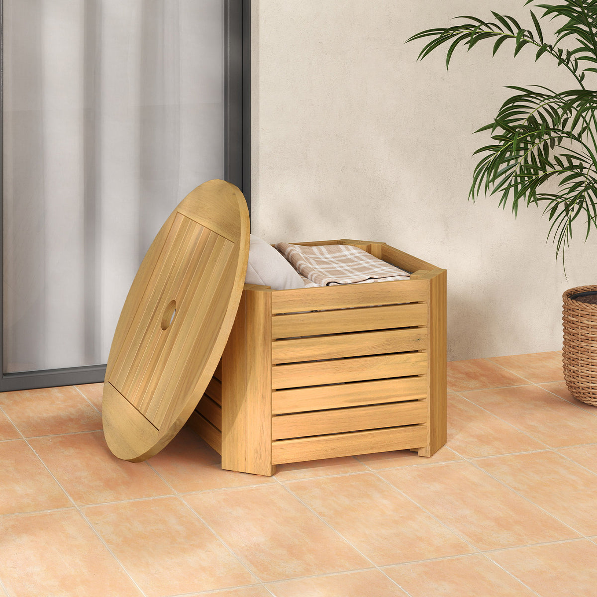 2-in-1 Outdoor Side Table with Storage Acacia Wood Slatted Coffee Table Square and Round Slatted End Storage Box-Patio Coffee Tables-DECOROLALA