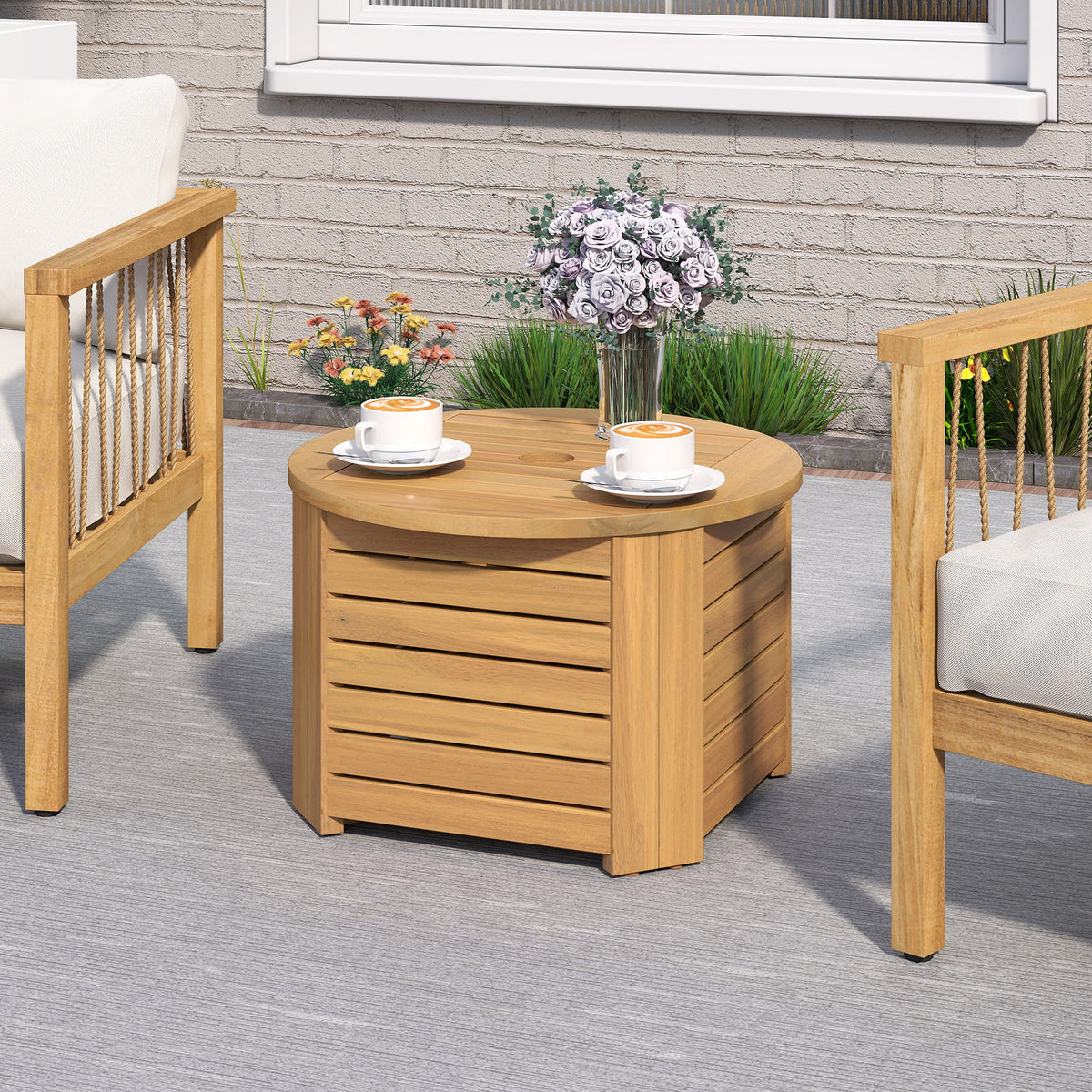 2-in-1 Outdoor Side Table with Storage Acacia Wood Slatted Coffee Table Square and Round Slatted End Storage Box-Patio Coffee Tables-DECOROLALA