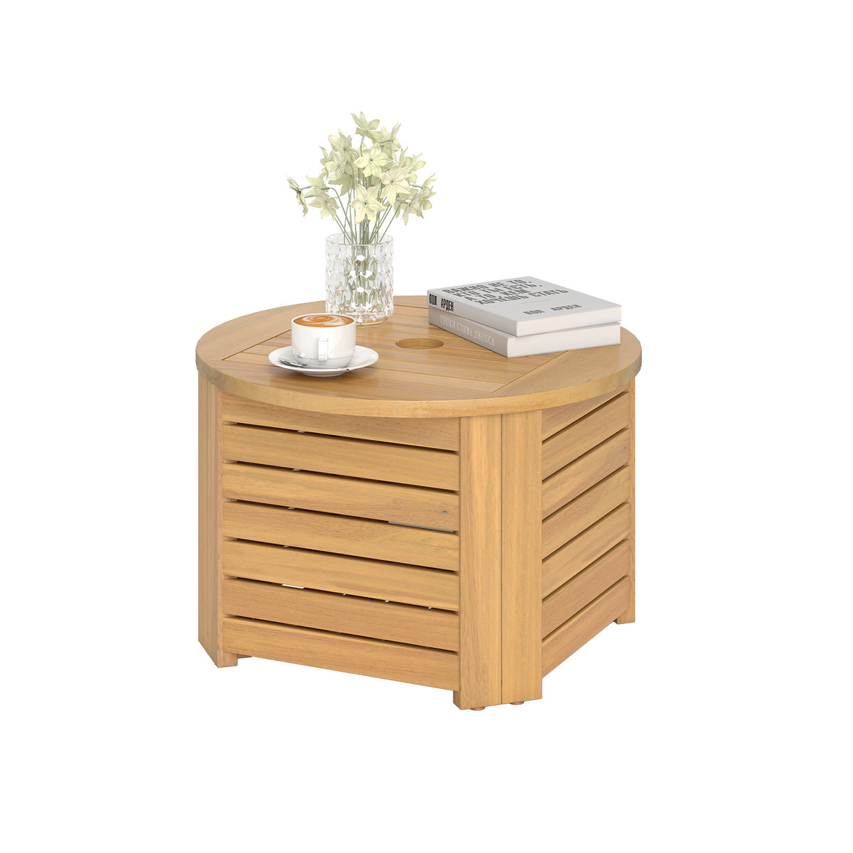 2-in-1 Outdoor Side Table with Storage Acacia Wood Slatted Coffee Table Square and Round Slatted End Storage Box-Patio Coffee Tables-DECOROLALA