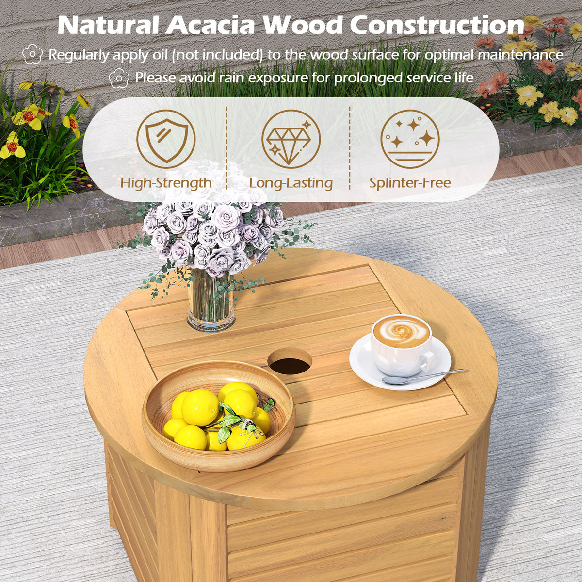 2-in-1 Outdoor Side Table with Storage Acacia Wood Slatted Coffee Table Square and Round Slatted End Storage Box-Patio Coffee Tables-DECOROLALA