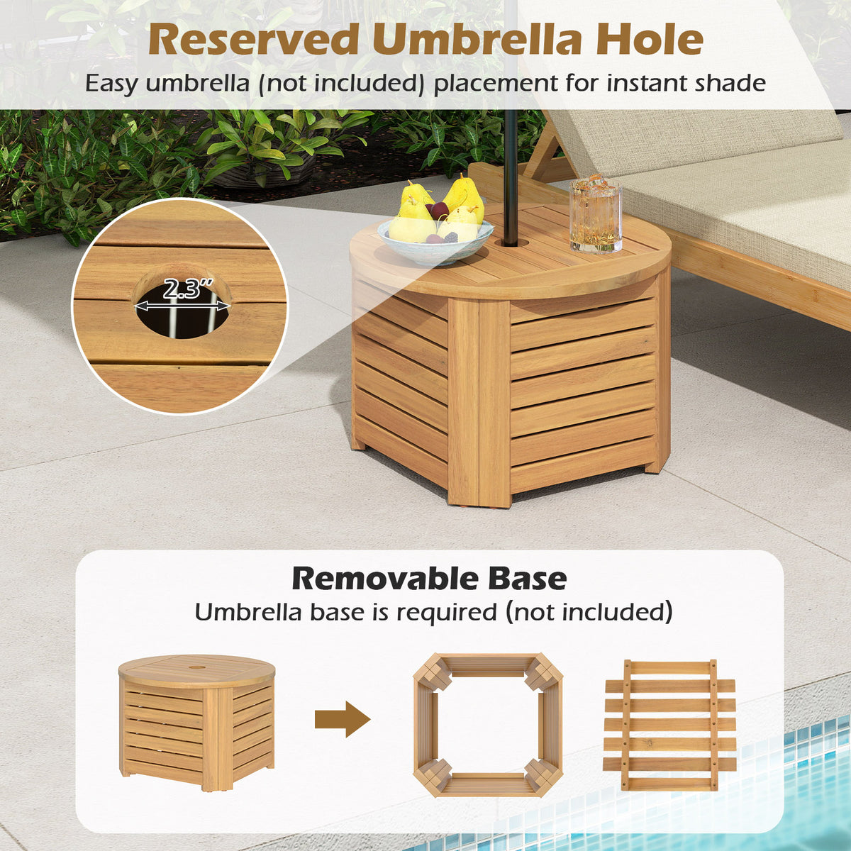 2-in-1 Outdoor Side Table with Storage Acacia Wood Slatted Coffee Table Square and Round Slatted End Storage Box-Patio Coffee Tables-DECOROLALA