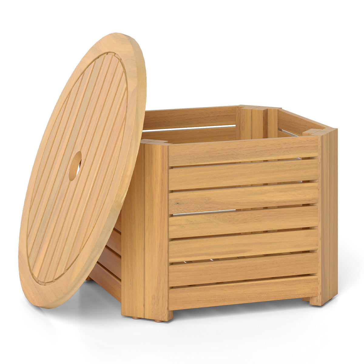 2-in-1 Outdoor Side Table with Storage Acacia Wood Slatted Coffee Table Square and Round Slatted End Storage Box-Patio Coffee Tables-DECOROLALA