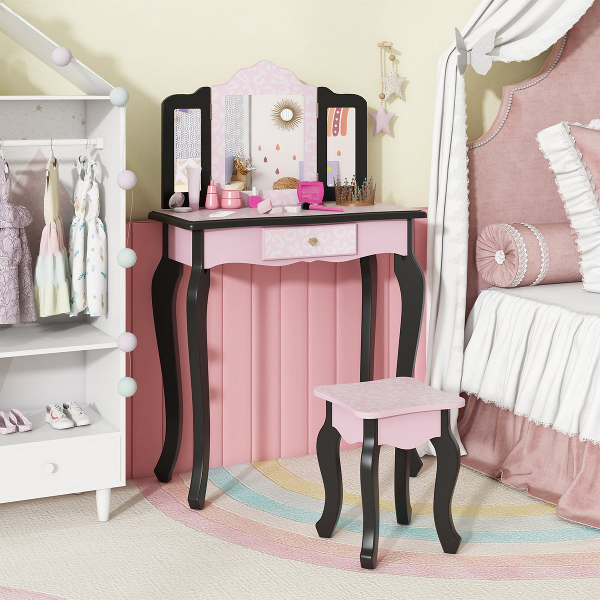 2 in 1 Princess Dressing Table Writing Desk with Cute Leopard Print 3 Makeup Accessories-Pink-Kids Vanities-DECOROLALA