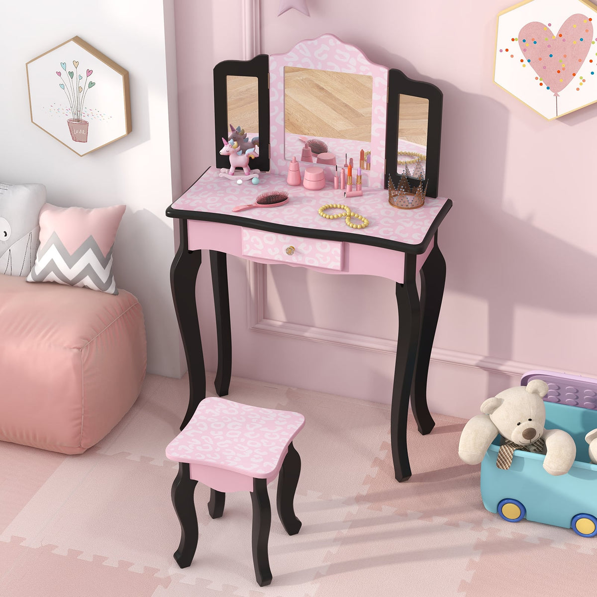 2 in 1 Princess Dressing Table Writing Desk with Cute Leopard Print 3 Makeup Accessories-Pink-Kids Vanities-DECOROLALA