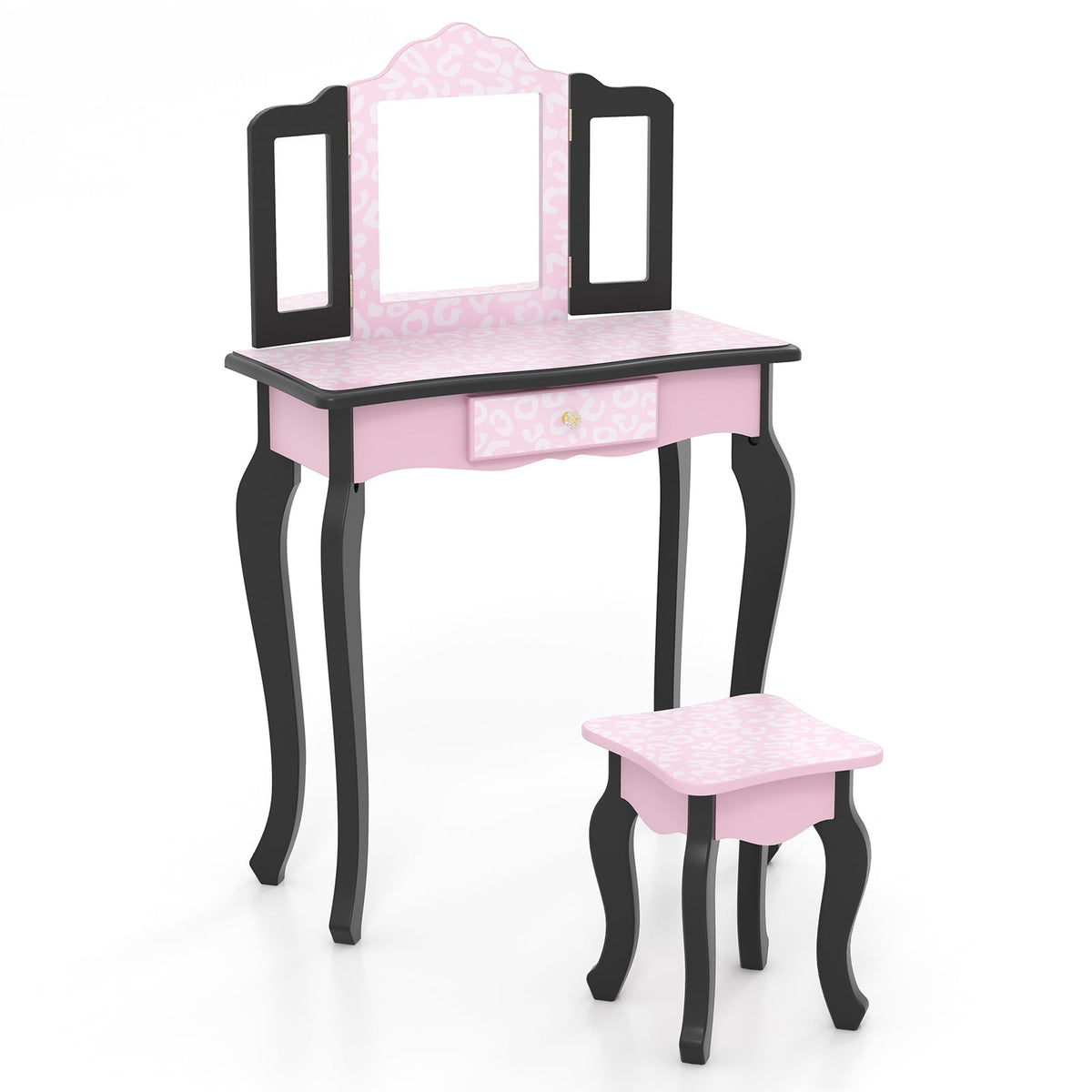 2 in 1 Princess Dressing Table Writing Desk with Cute Leopard Print 3 Makeup Accessories-Pink-Kids Vanities-DECOROLALA