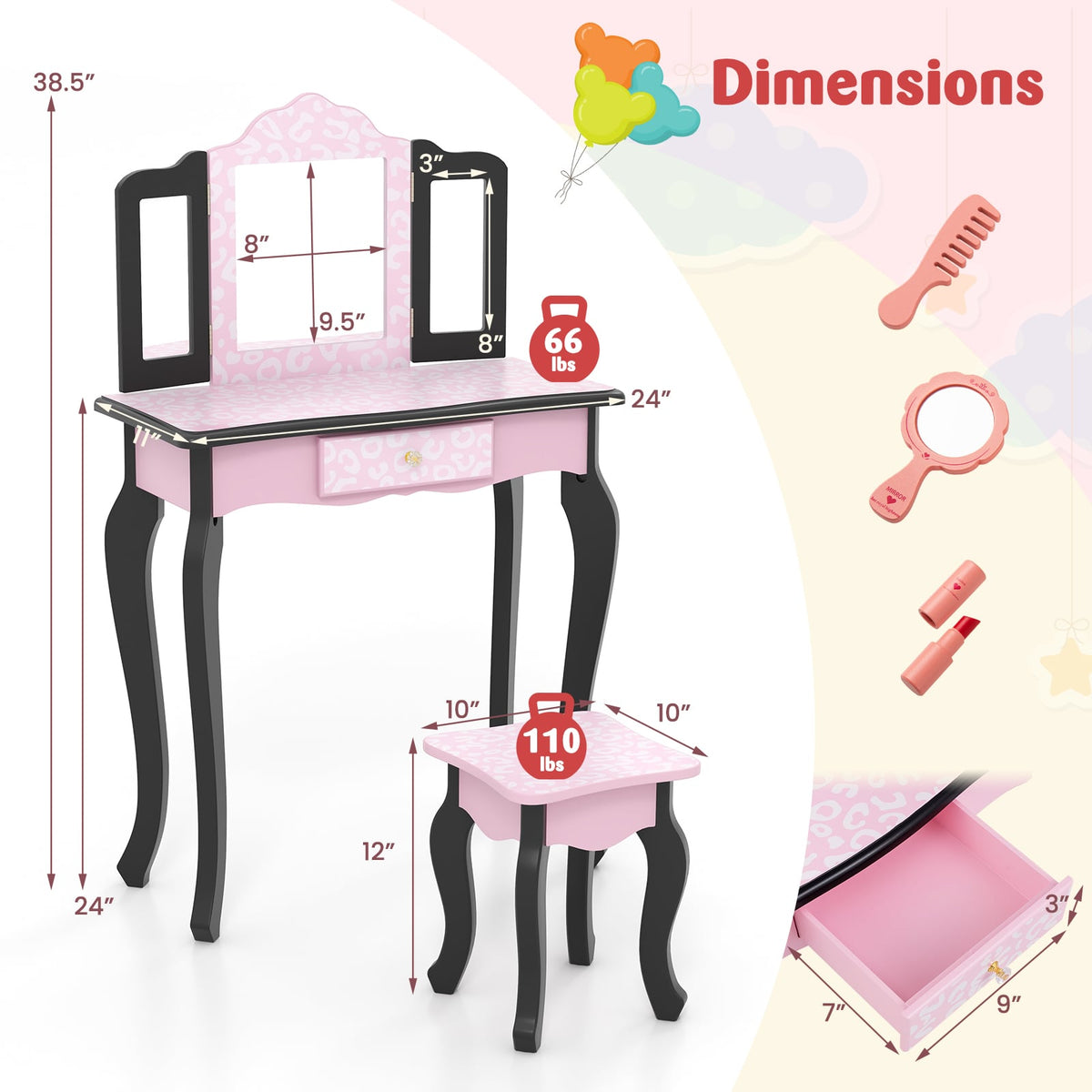 2 in 1 Princess Dressing Table Writing Desk with Cute Leopard Print 3 Makeup Accessories-Pink-Kids Vanities-DECOROLALA