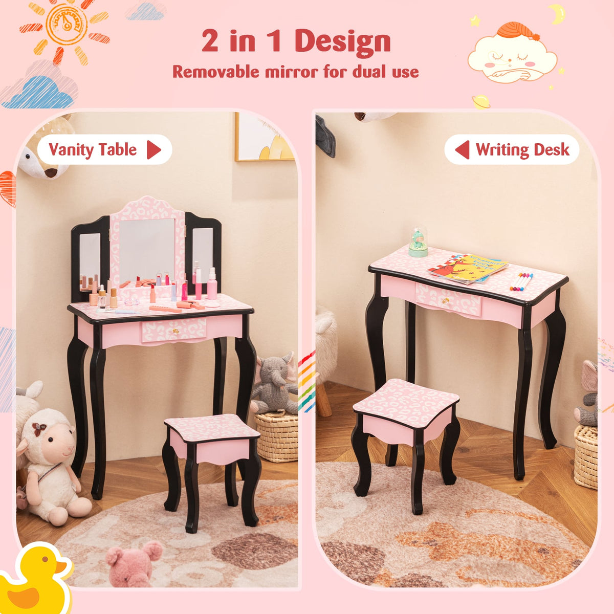 2 in 1 Princess Dressing Table Writing Desk with Cute Leopard Print 3 Makeup Accessories-Pink-Kids Vanities-DECOROLALA