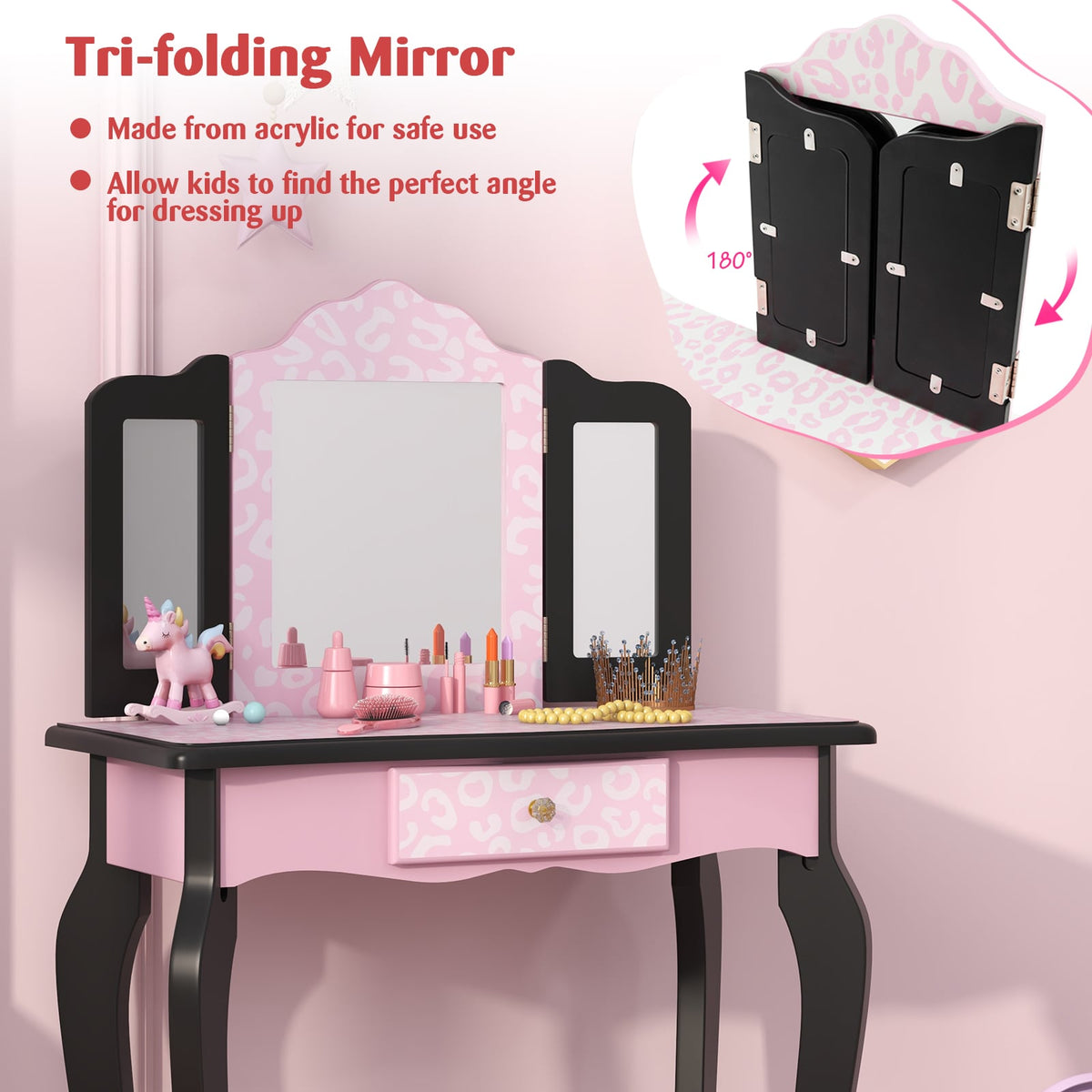 2 in 1 Princess Dressing Table Writing Desk with Cute Leopard Print 3 Makeup Accessories-Pink-Kids Vanities-DECOROLALA