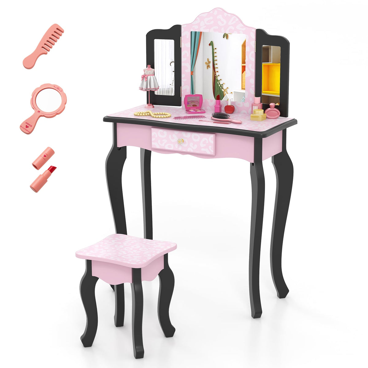 2 in 1 Princess Dressing Table Writing Desk with Cute Leopard Print 3 Makeup Accessories-Pink-Kids Vanities-DECOROLALA