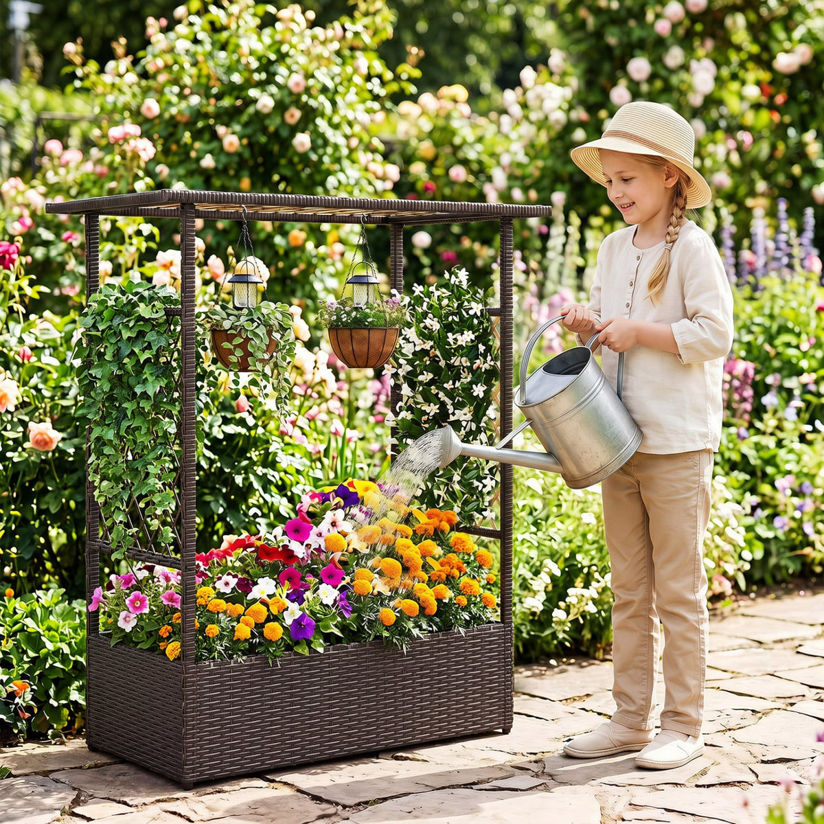 2-in-1 Raised Garden Bed with Hanging Roof and Trellises-Brown-Raised Garden Beds-DECOROLALA