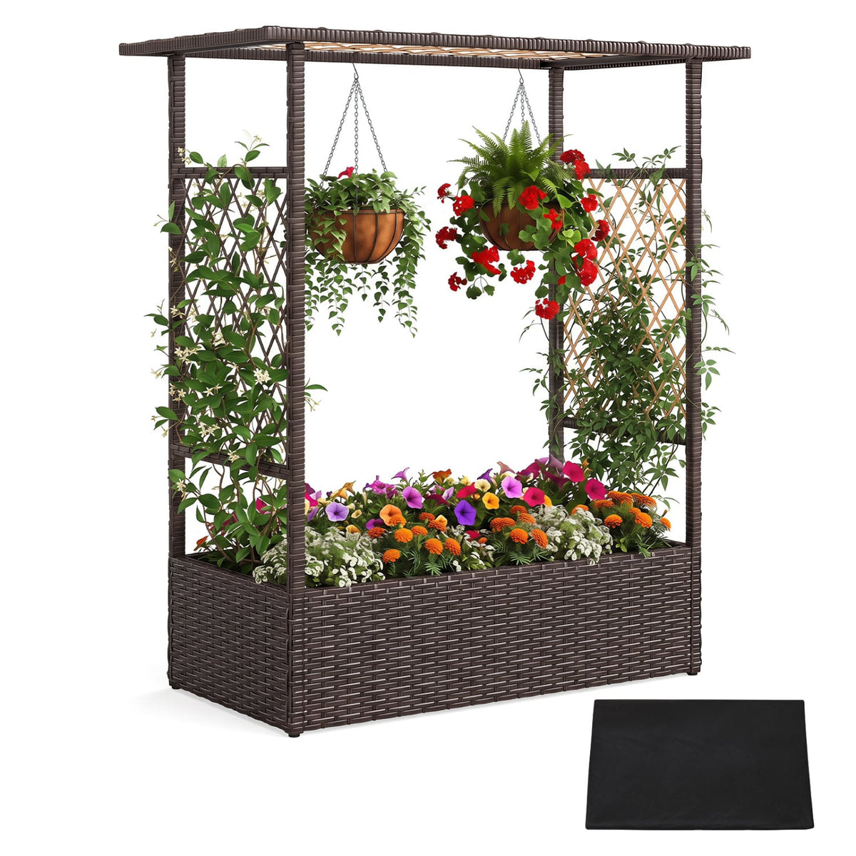 2-in-1 Raised Garden Bed with Hanging Roof and Trellises-Brown-Raised Garden Beds-DECOROLALA