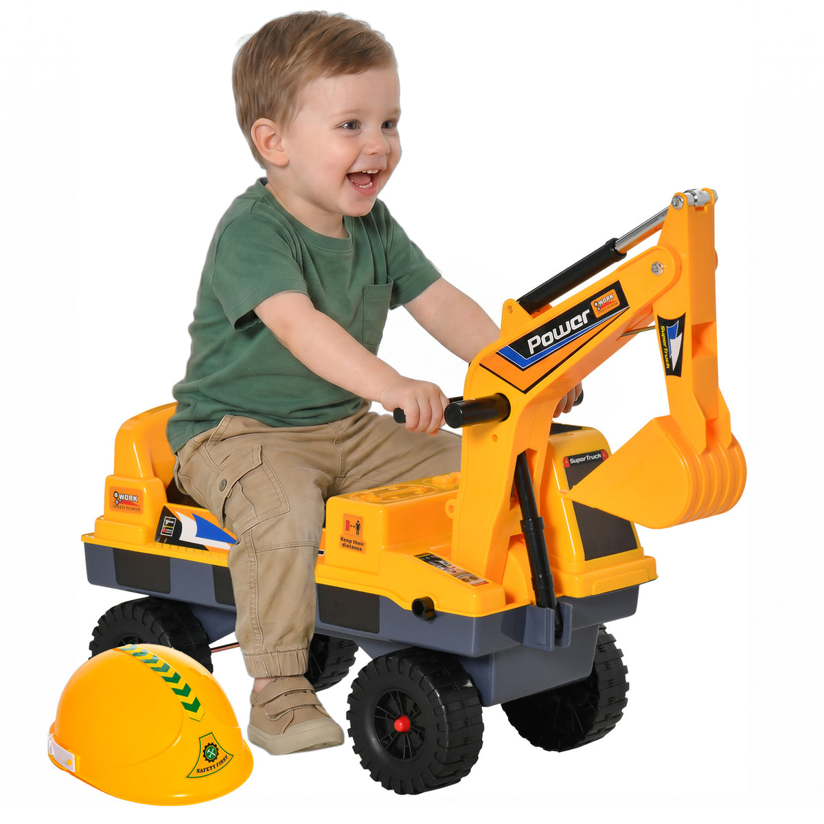 No Power Ride On Excavator Construction Digger Multi-Functional Truck Toy with 2 in 1 Design Detachable Digging Bucket and Grab Bucket, Music, Light, Yellow-Toys & Games > Baby & Toddler Toys > Riding & Rocking Toys > Toy Excavators-DECOROLALA