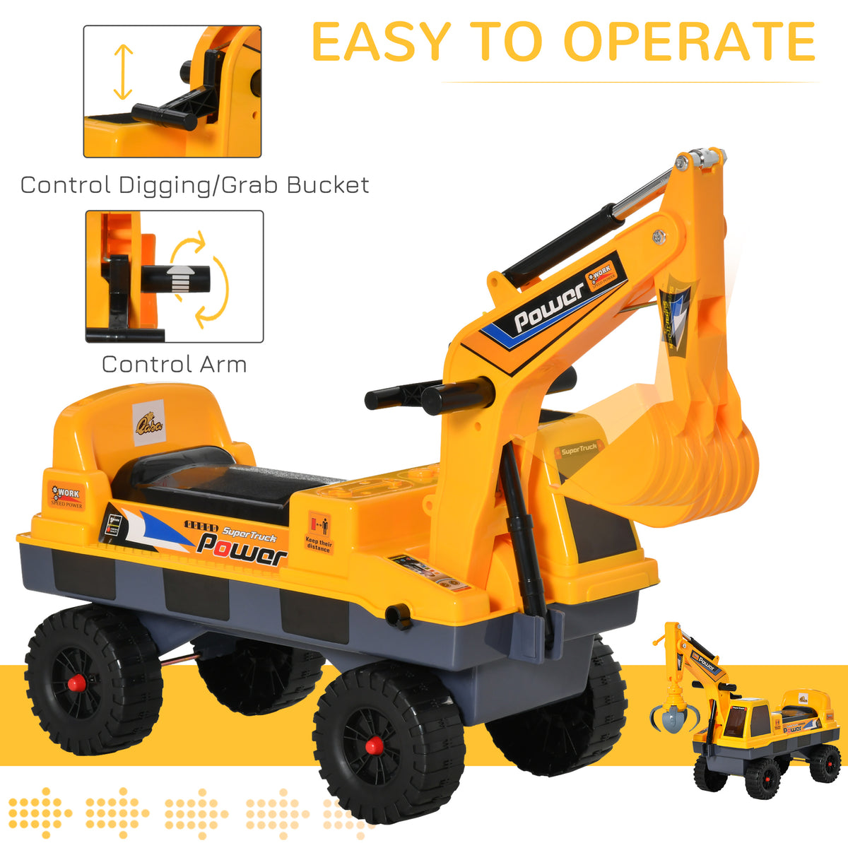No Power Ride On Excavator Construction Digger Multi-Functional Truck Toy with 2 in 1 Design Detachable Digging Bucket and Grab Bucket, Music, Light, Yellow-Toys & Games > Baby & Toddler Toys > Riding & Rocking Toys > Toy Excavators-DECOROLALA