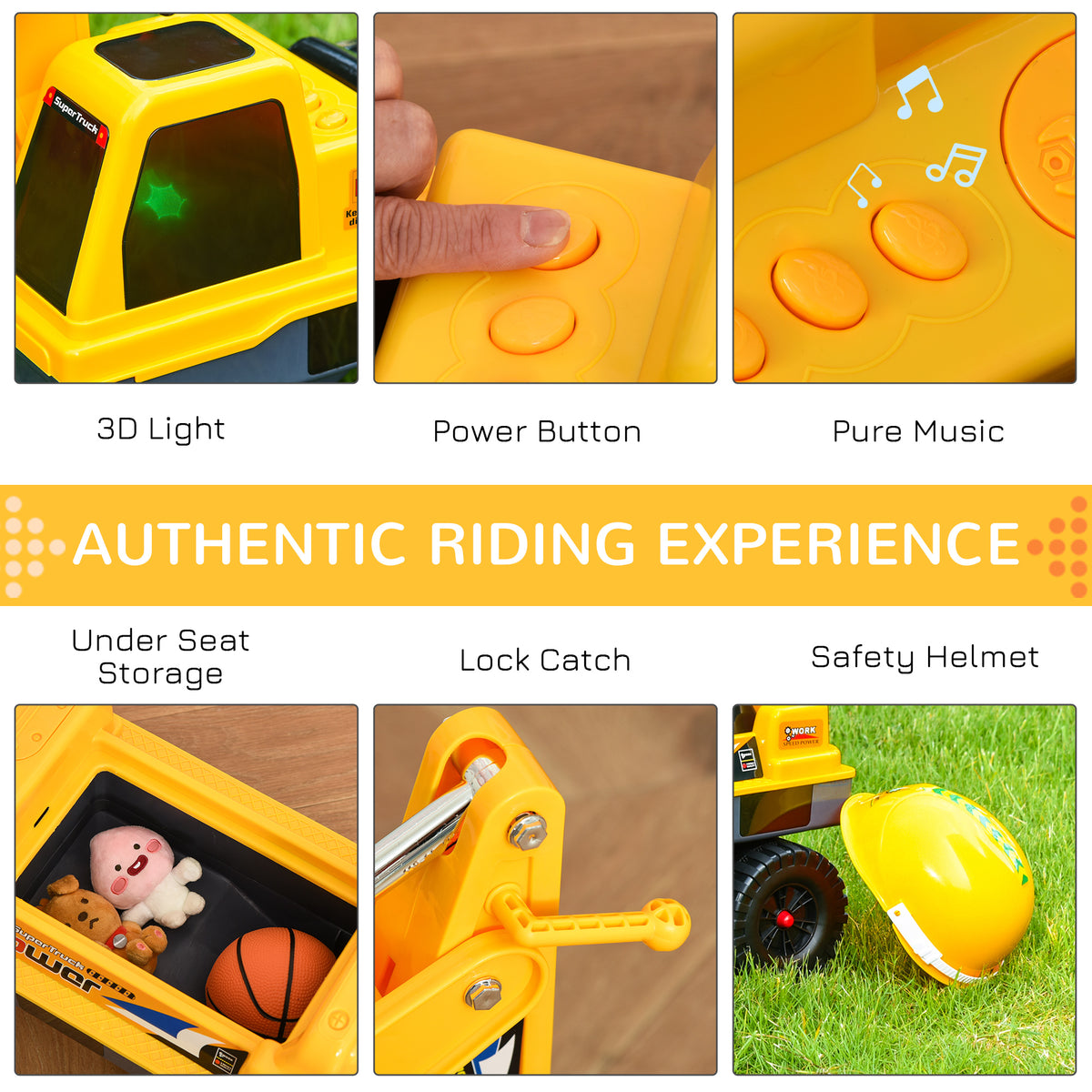 No Power Ride On Excavator Construction Digger Multi-Functional Truck Toy with 2 in 1 Design Detachable Digging Bucket and Grab Bucket, Music, Light, Yellow-Toys & Games > Baby & Toddler Toys > Riding & Rocking Toys > Toy Excavators-DECOROLALA