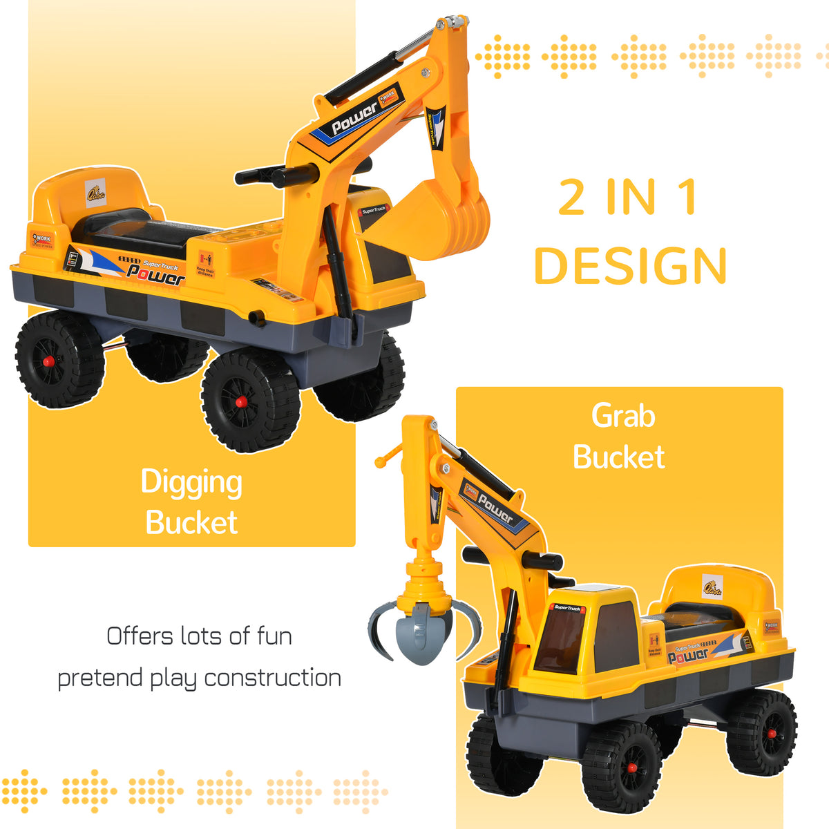 No Power Ride On Excavator Construction Digger Multi-Functional Truck Toy with 2 in 1 Design Detachable Digging Bucket and Grab Bucket, Music, Light, Yellow-Toys & Games > Baby & Toddler Toys > Riding & Rocking Toys > Toy Excavators-DECOROLALA
