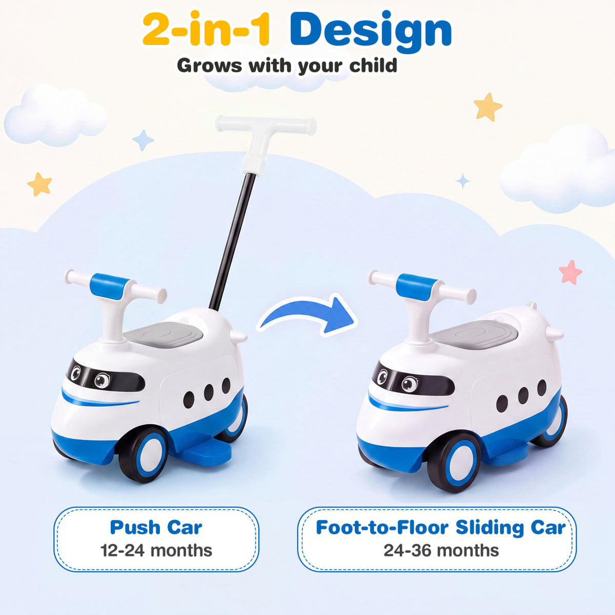 2-in-1 Ride On Push Car for Toddlers 1-3 Years Old with Horn