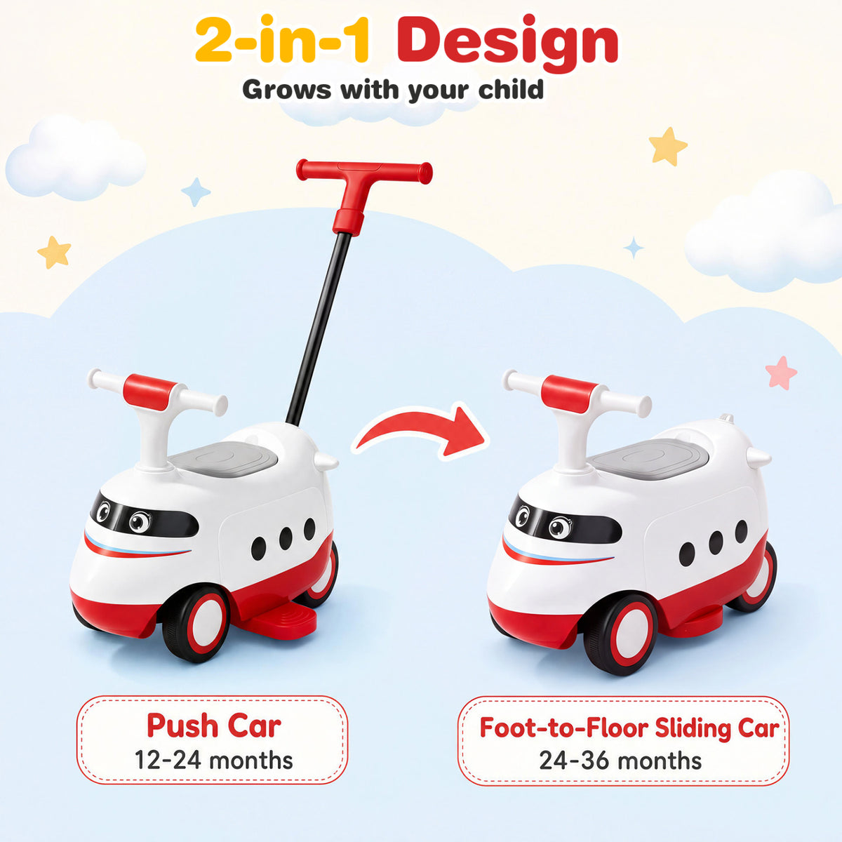 2-in-1 Ride On Push Car for Toddlers 1-3 Years Old with Horn