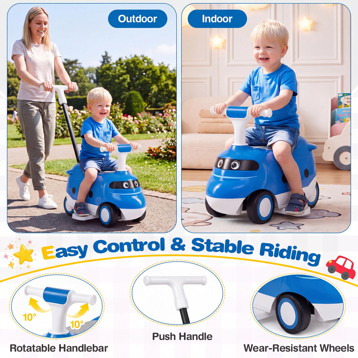 2-in-1 Ride On Push Car for Toddlers 1-3 Years Old with Horn