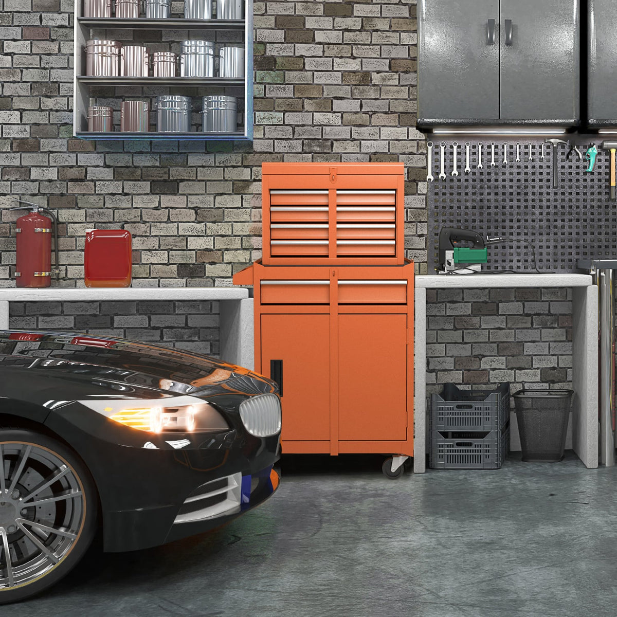 2-in-1 Rolling Tool Chest with 5 Sliding Lockable Drawers-Orange-Garages-DECOROLALA