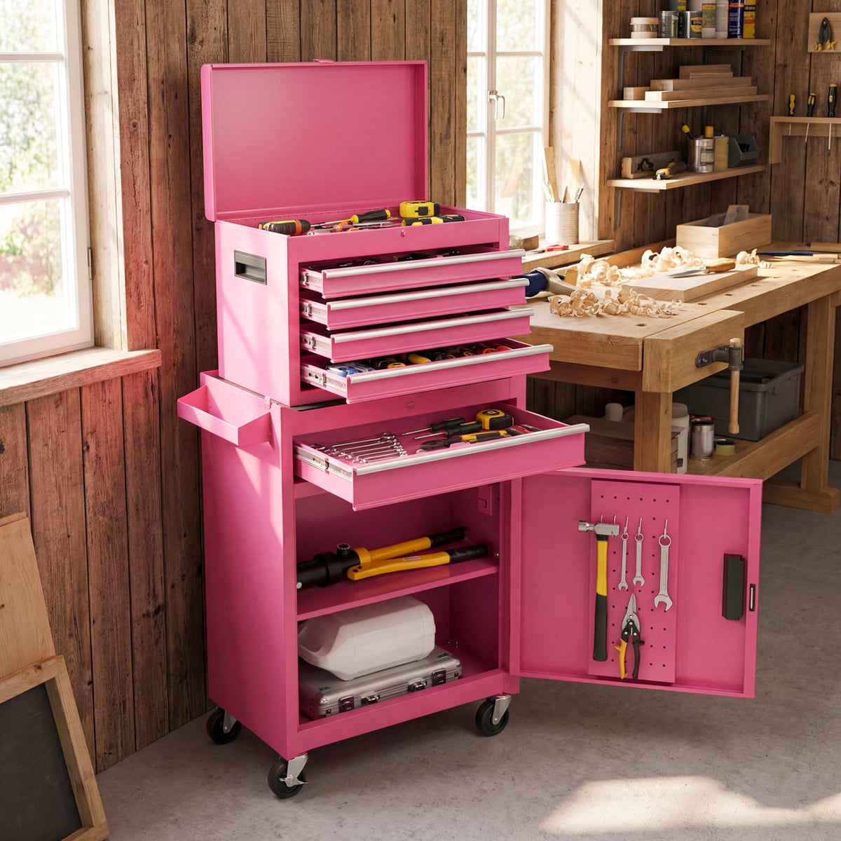 2-in-1 Rolling Tool Chest with 5 Sliding Lockable Drawers-Pink-Garages-DECOROLALA