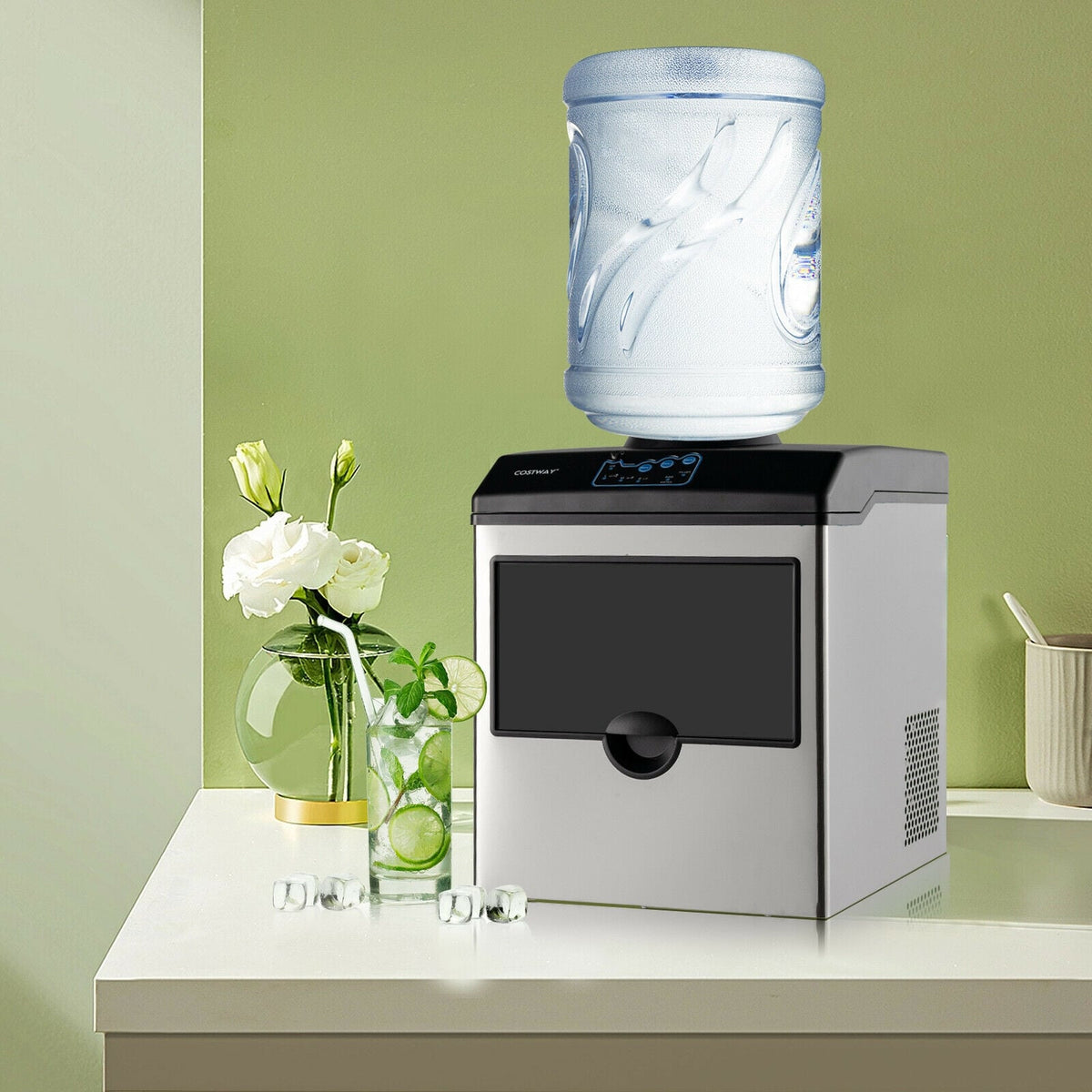 2-in-1 Stainless Steel Countertop Ice Maker with Water Dispenser-Ice Makers-DECOROLALA