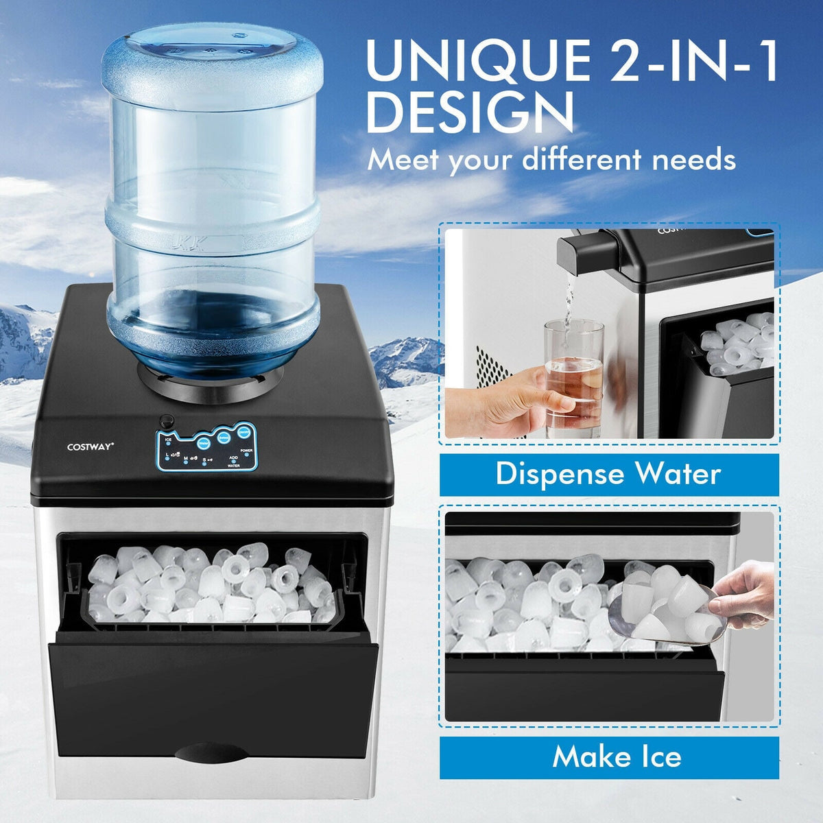2-in-1 Stainless Steel Countertop Ice Maker with Water Dispenser-Ice Makers-DECOROLALA