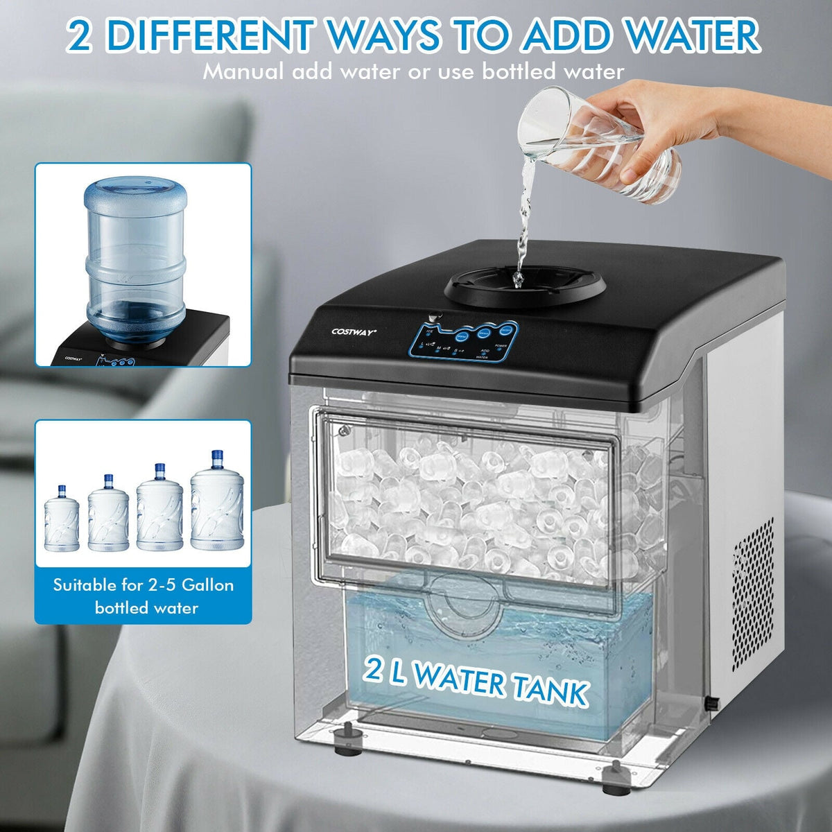 2-in-1 Stainless Steel Countertop Ice Maker with Water Dispenser-Ice Makers-DECOROLALA
