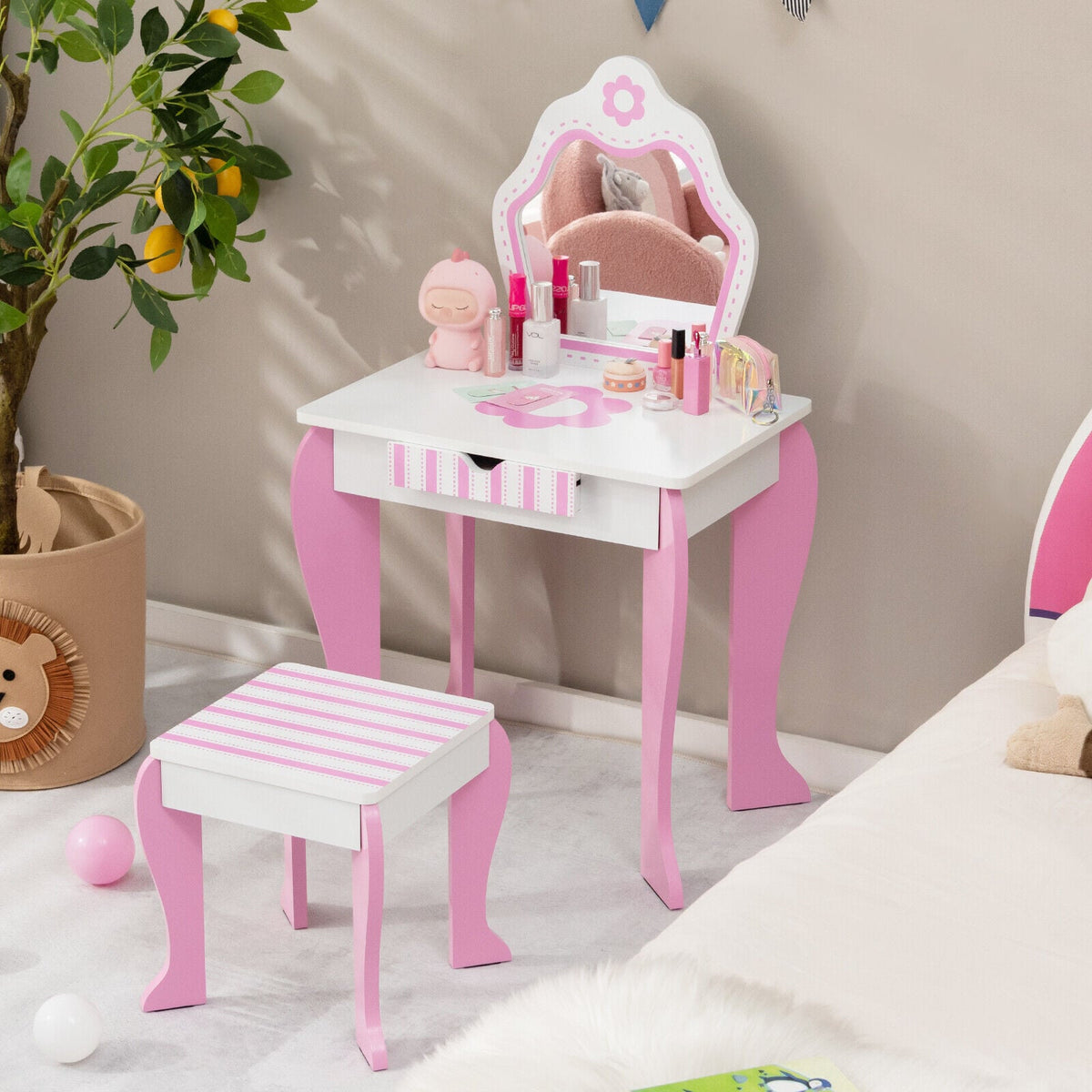 2-in-1 Toddler Vanity Set with Detachable Top and Cute Flower Patterns-White-Kids Vanities-DECOROLALA