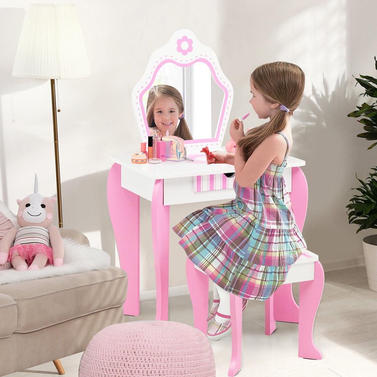 2-in-1 Toddler Vanity Set with Detachable Top and Cute Flower Patterns-White-Kids Vanities-DECOROLALA