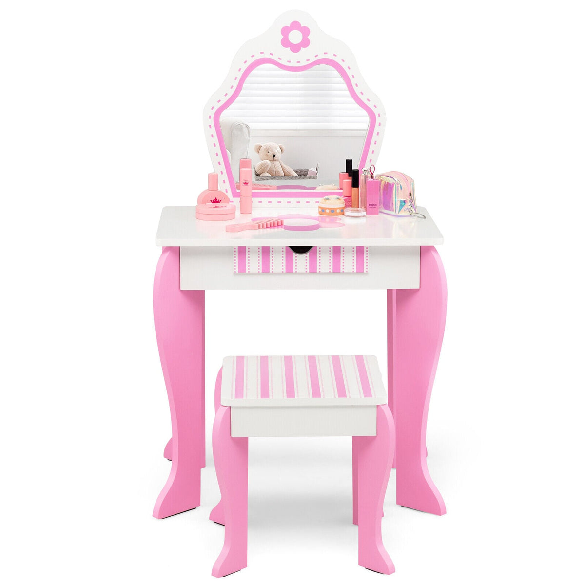 2-in-1 Toddler Vanity Set with Detachable Top and Cute Flower Patterns-White-Kids Vanities-DECOROLALA