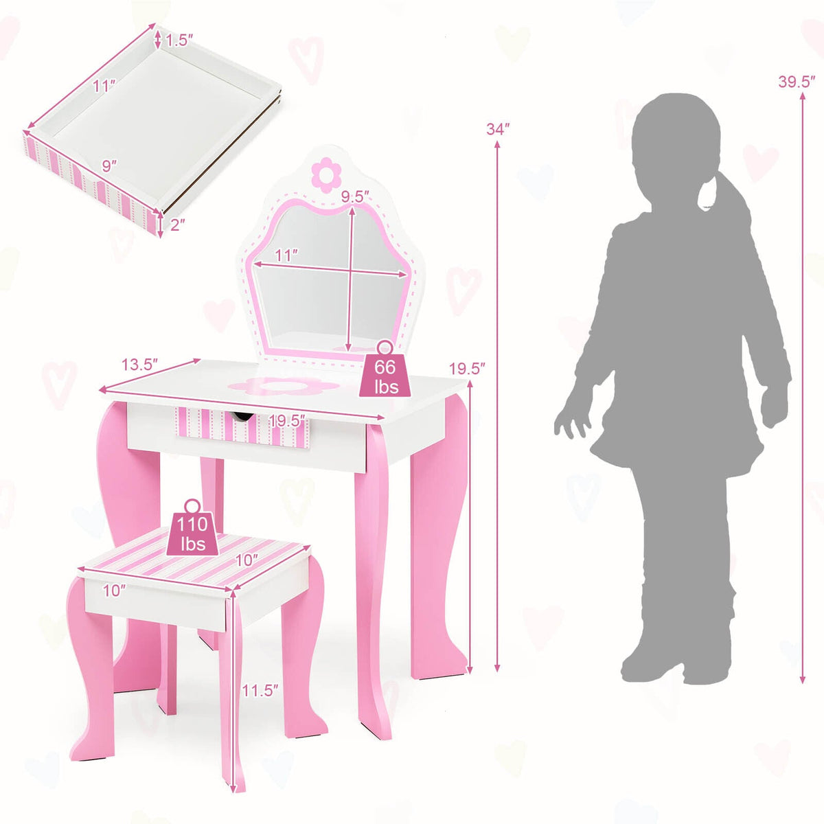 2-in-1 Toddler Vanity Set with Detachable Top and Cute Flower Patterns-White-Kids Vanities-DECOROLALA