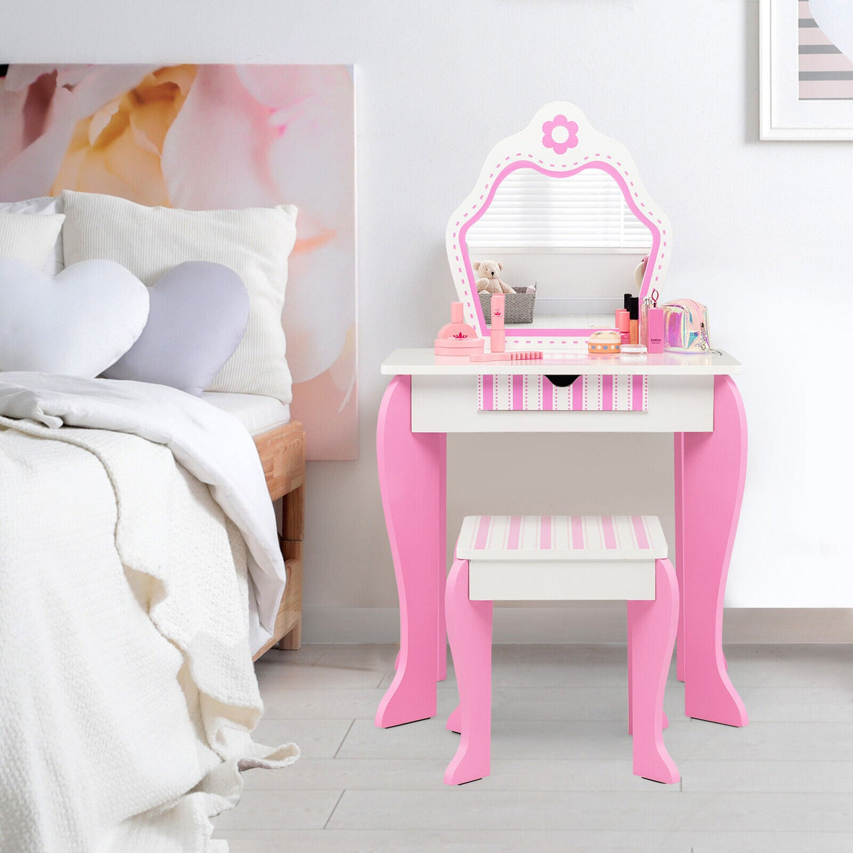 2-in-1 Toddler Vanity Set with Detachable Top and Cute Flower Patterns-White-Kids Vanities-DECOROLALA