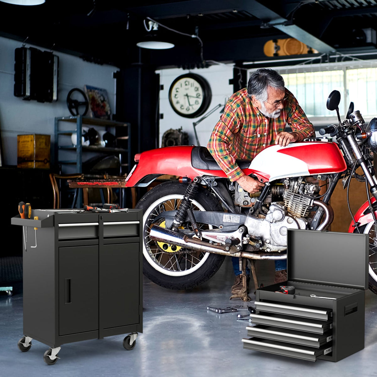 2-in-1 Tool Chest and Cabinet with 5 Sliding Drawers-Black-Garages-DECOROLALA