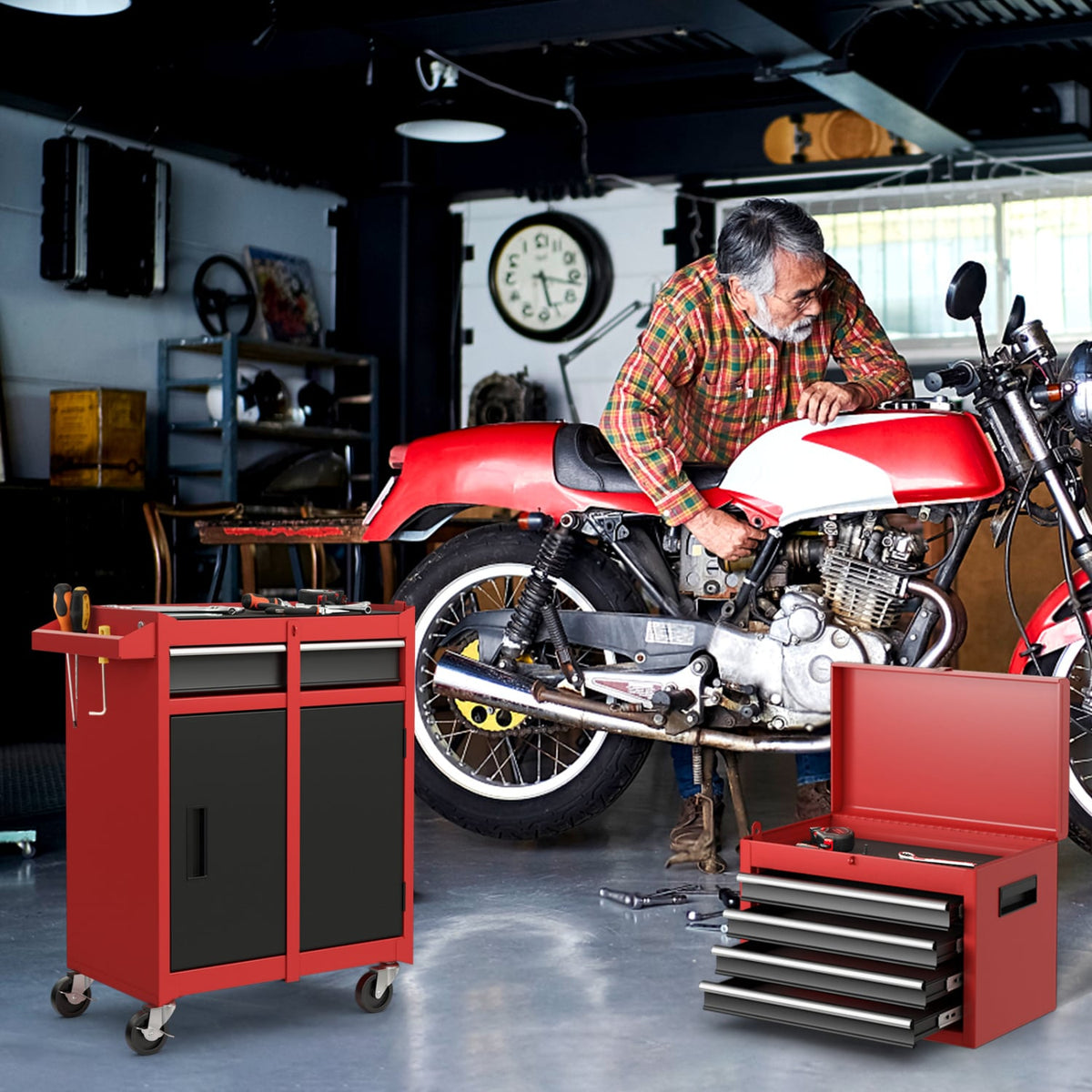 2-in-1 Tool Chest and Cabinet with 5 Sliding Drawers-Black & Red-Garages-DECOROLALA