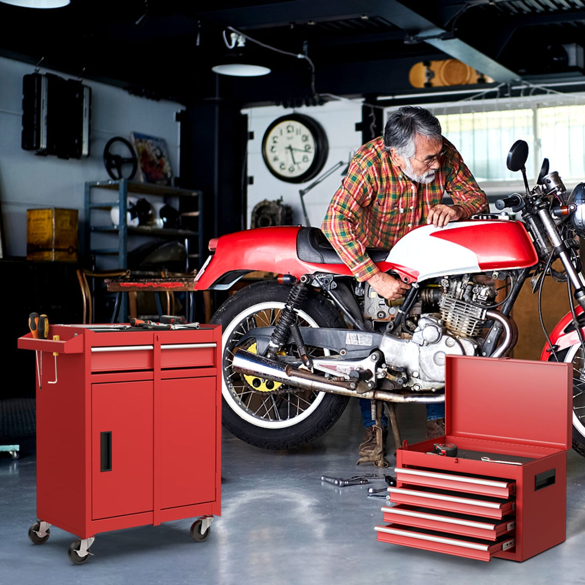 2-in-1 Tool Chest and Cabinet with 5 Sliding Drawers-Red-Garages-DECOROLALA