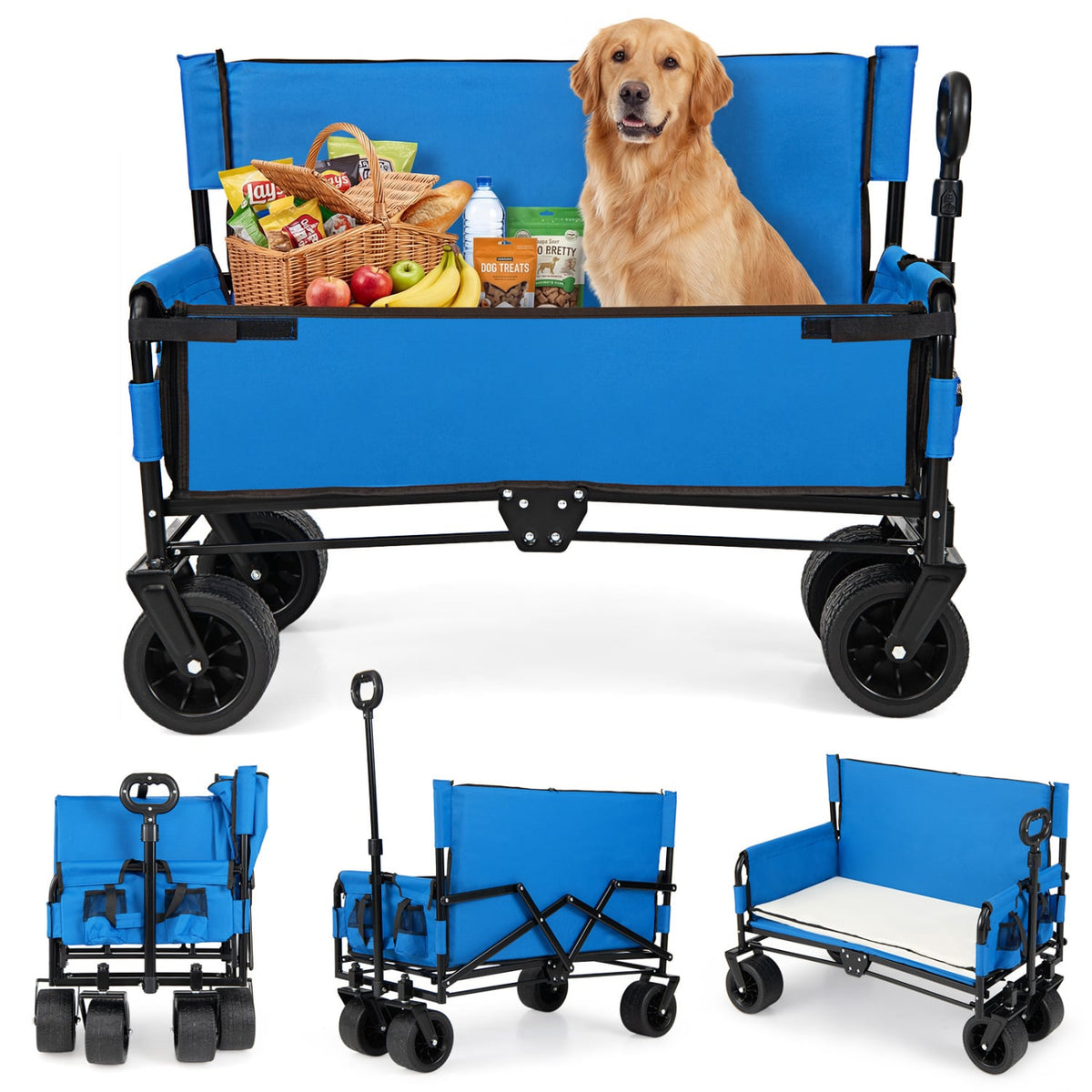 2-in-1 Wagon Bench Seat Combo Collapsible Beach Cart-Blue-Camping Furniture-DECOROLALA