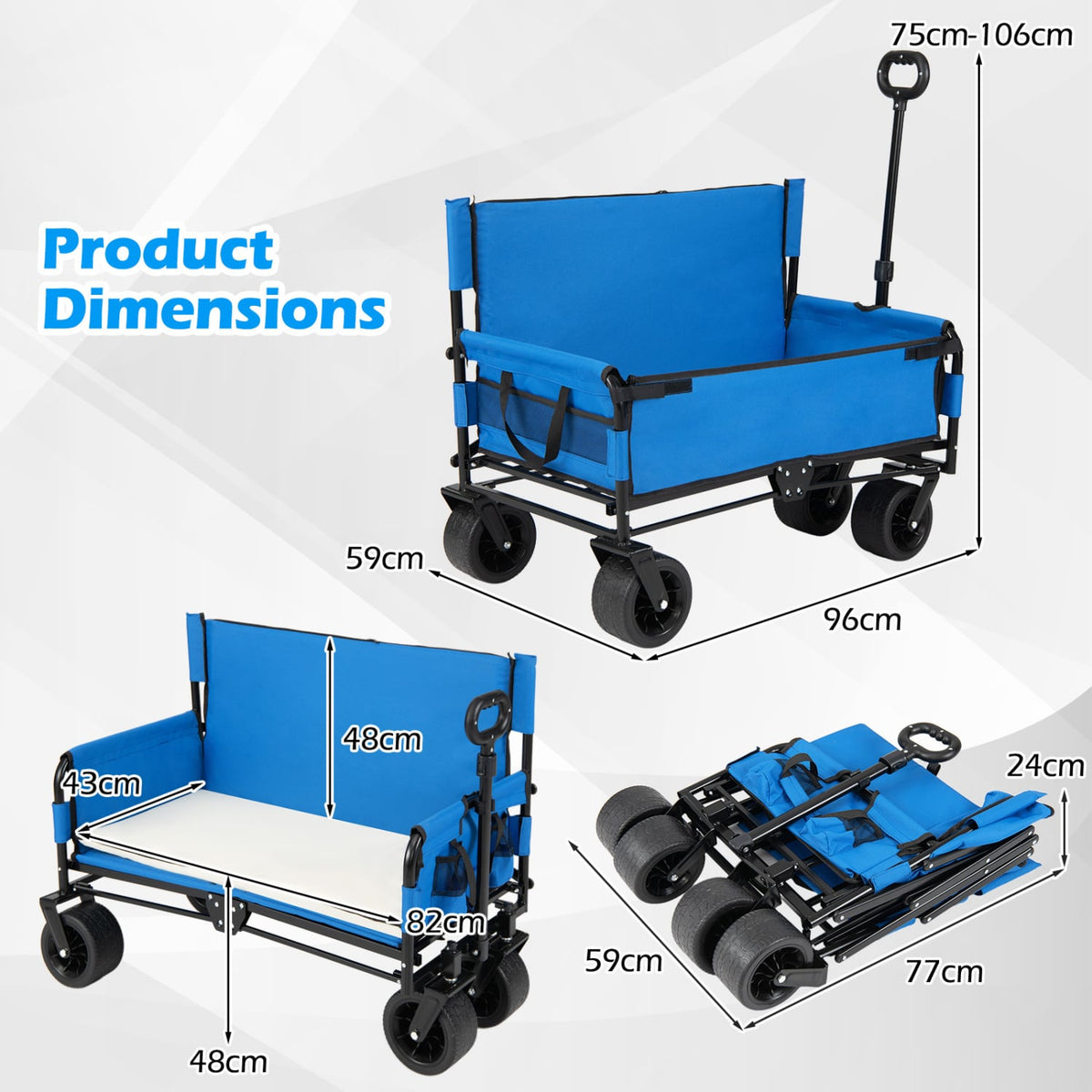 2-in-1 Wagon Bench Seat Combo Collapsible Beach Cart-Blue-Camping Furniture-DECOROLALA