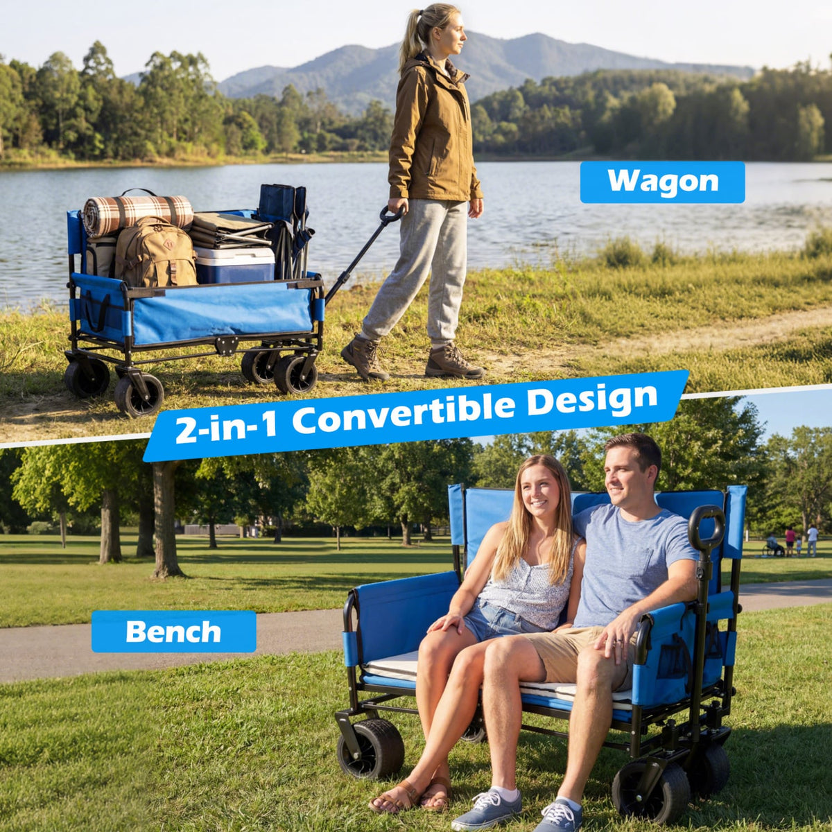 2-in-1 Wagon Bench Seat Combo Collapsible Beach Cart-Blue-Camping Furniture-DECOROLALA