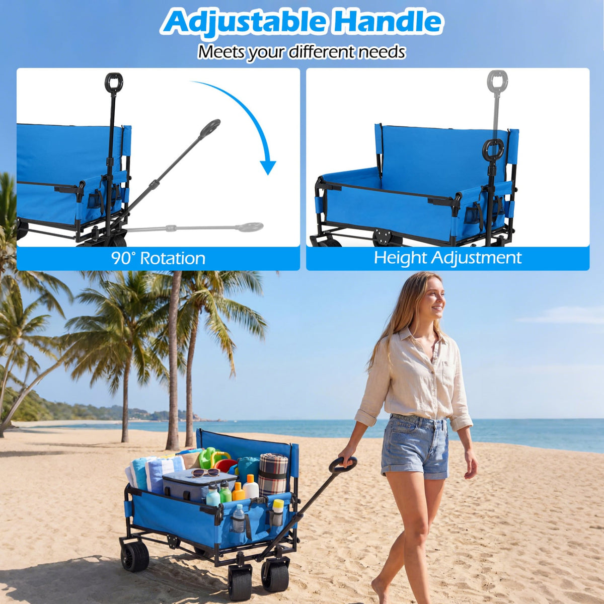 2-in-1 Wagon Bench Seat Combo Collapsible Beach Cart-Blue-Camping Furniture-DECOROLALA