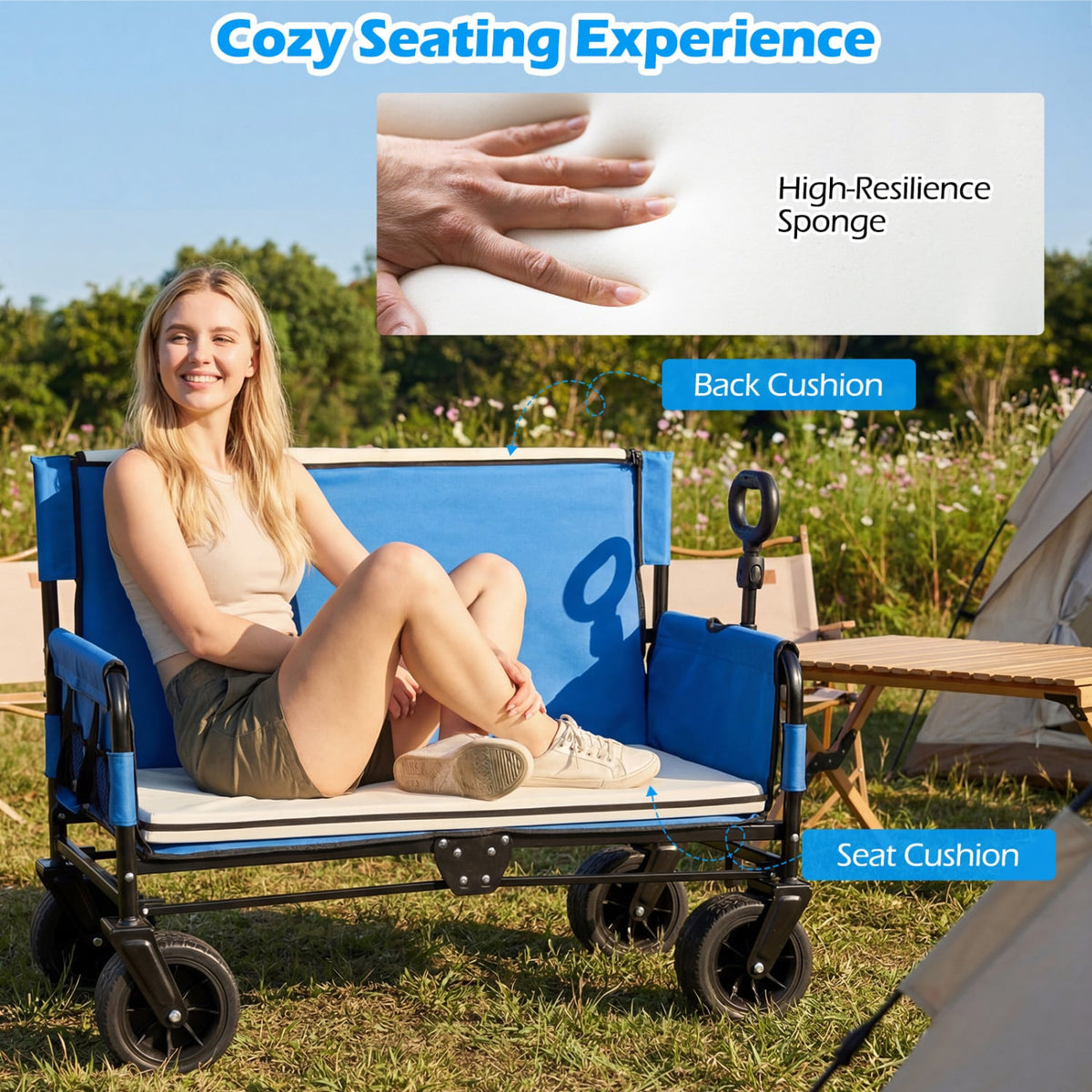 2-in-1 Wagon Bench Seat Combo Collapsible Beach Cart-Blue-Camping Furniture-DECOROLALA