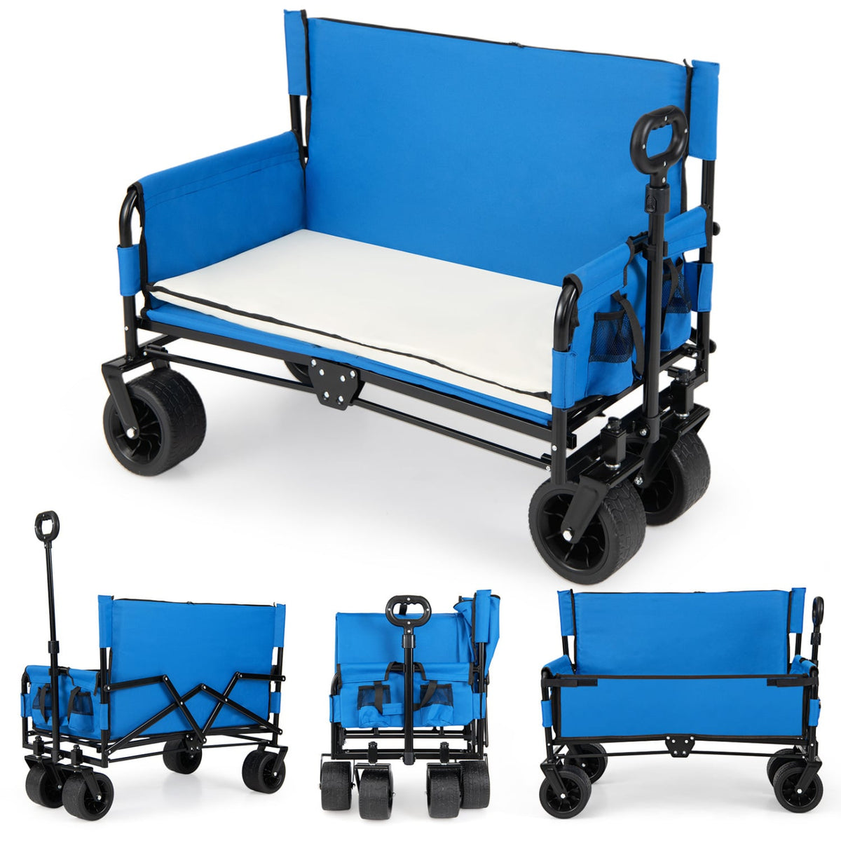 2-in-1 Wagon Bench Seat Combo Collapsible Beach Cart-Blue-Camping Furniture-DECOROLALA