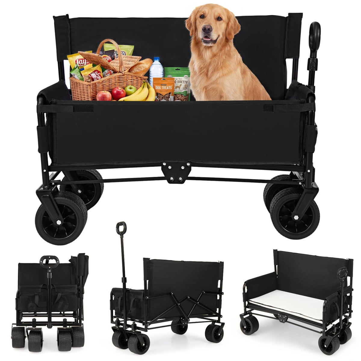 2-in-1 Wagon Bench Seat Combo Collapsible Beach Cart with Handle and Cushion-Black-Camping Furniture-DECOROLALA