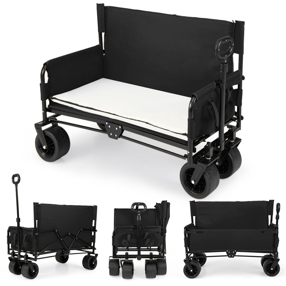2-in-1 Wagon Bench Seat Combo Collapsible Beach Cart with Handle and Cushion-Black-Camping Furniture-DECOROLALA
