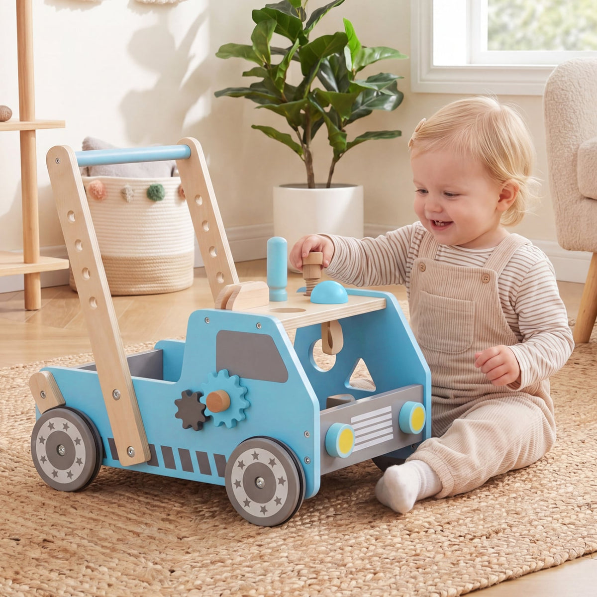 2-in-1 Wooden Baby Walker with Adjustable Speed and Bottom Storage-Blue-Baby Activity Toys-DECOROLALA