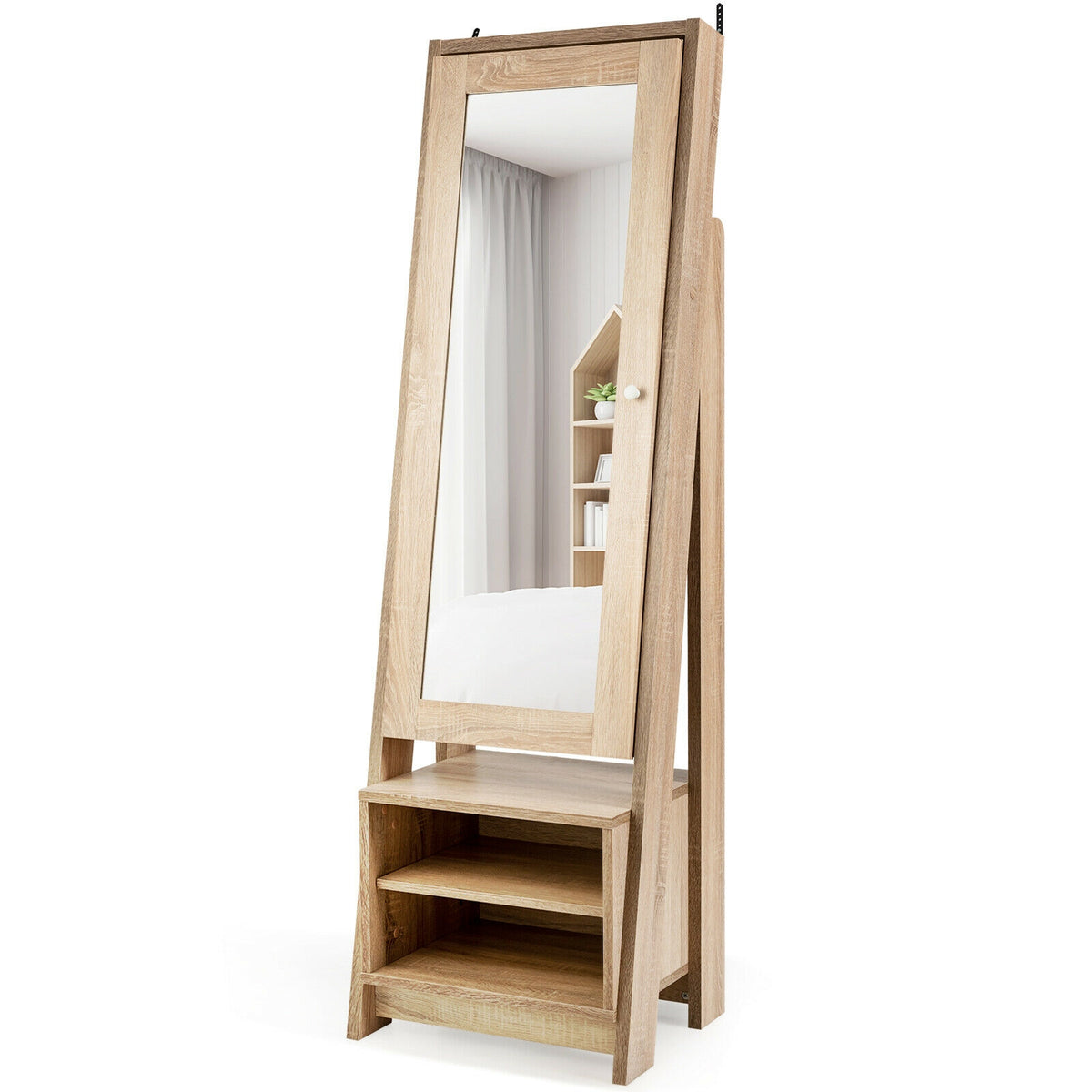 2-in-1 Wooden Cosmetics Storage Cabinet with Full-Length Mirror and Bottom Rack-Jewelry Armoires-DECOROLALA